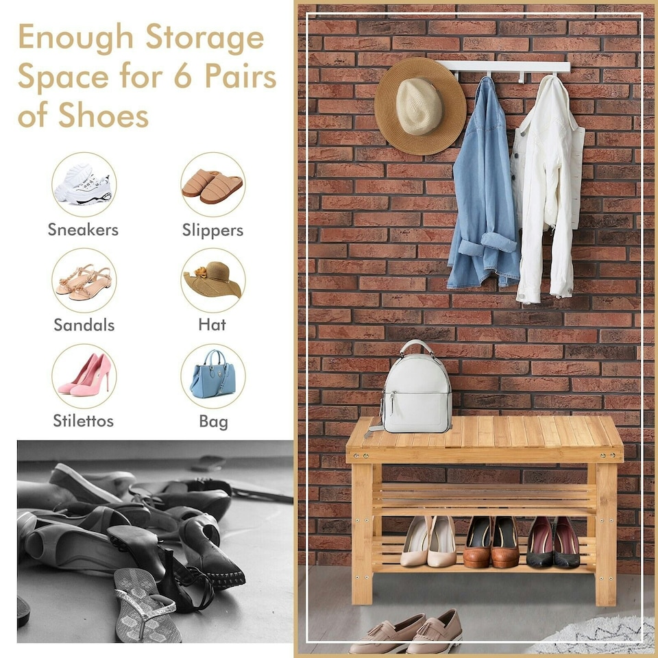 image 1 of COSTWAY 3-Tier Bamboo Shoe Bench Shoe Organizer Entryway Natural | Multi