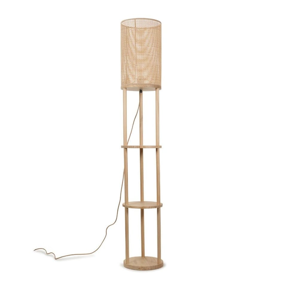 image 1 of ValueLights Elsa Natural Wooden 3 Tier Floor Lamp with Bamboo Shade and Storage Shelves - Bulb Included | Cream