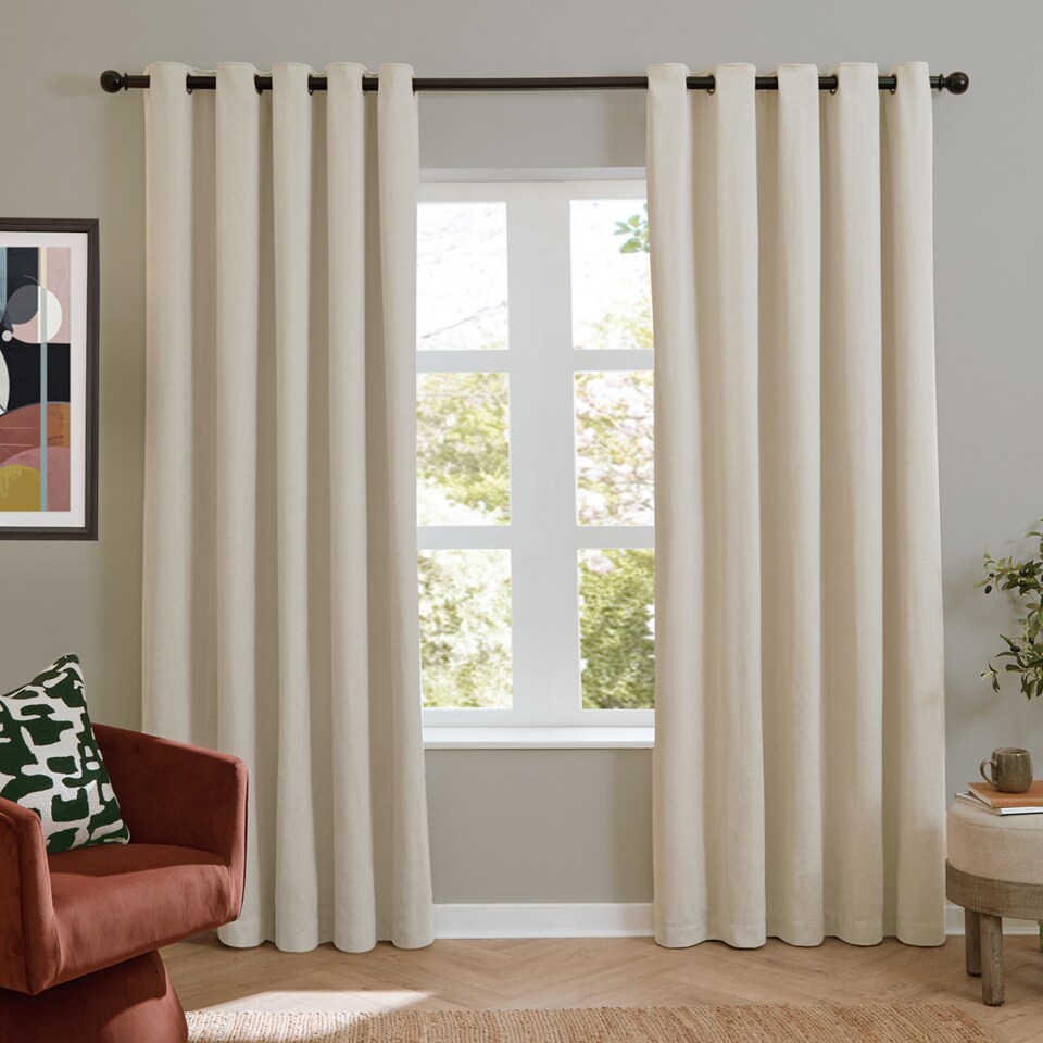 image 1 of Furn Soft Chenille Blackout Eyelet Curtain Pair, 168cm width x 183cm drop | Cream | Ecru | 1