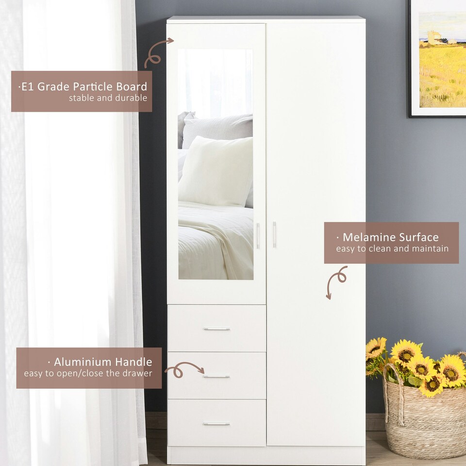image 1 of HOMCOM 2-Door Wardrobe w/ Adjustable Shelf 3 Drawers for Bedroom, 180cm, White