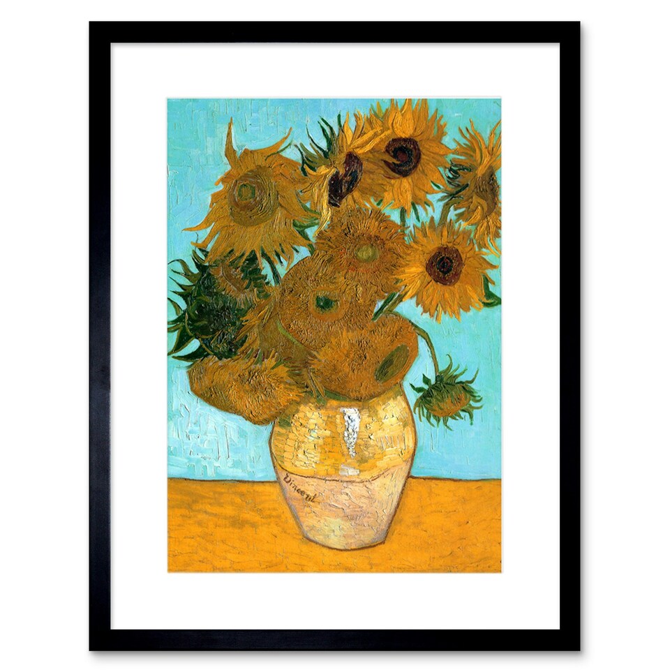 image 1 of Vincent Van Gogh Vase Twelve Sunflowers 9x7" Black Framed Wall Art Print