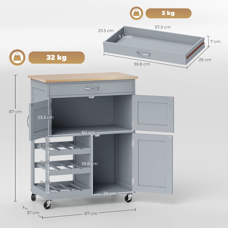 image 1 of HOMCOM Rolling Kitchen Island Trolley Storage Cart w/ Rubberwood Top, Grey