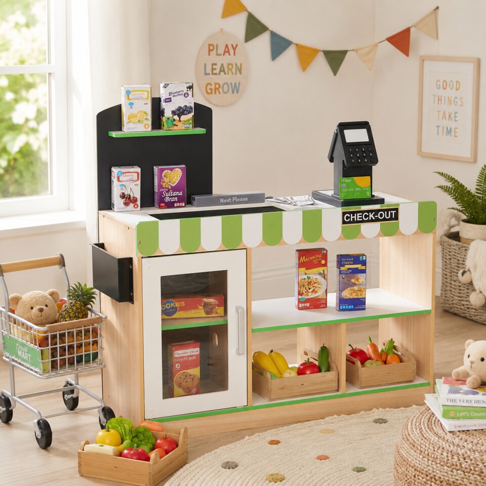 image 1 of Teamson Kids Cashier Interactive Play Checkout Counter Stand with 26 Accessories, Green/White
