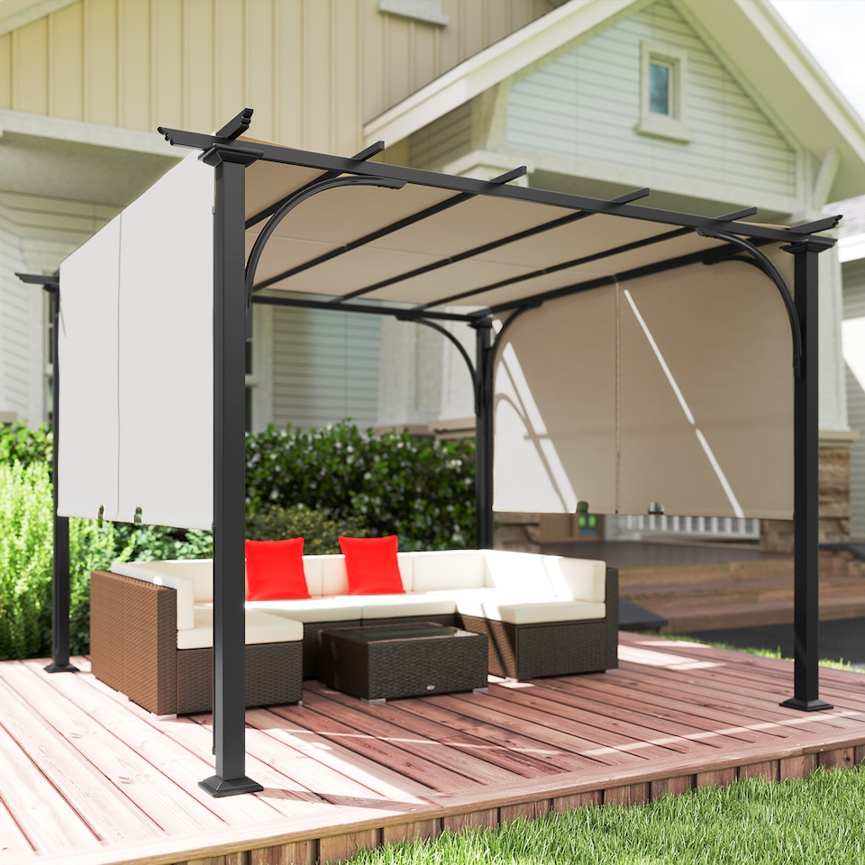 image 1 of Outsunny 3 x 3m Garden Pergola, Outdoor Pergola Gazebo with Adjustable Canopy, Sun Shade Patio Canopy Shelter, Beige