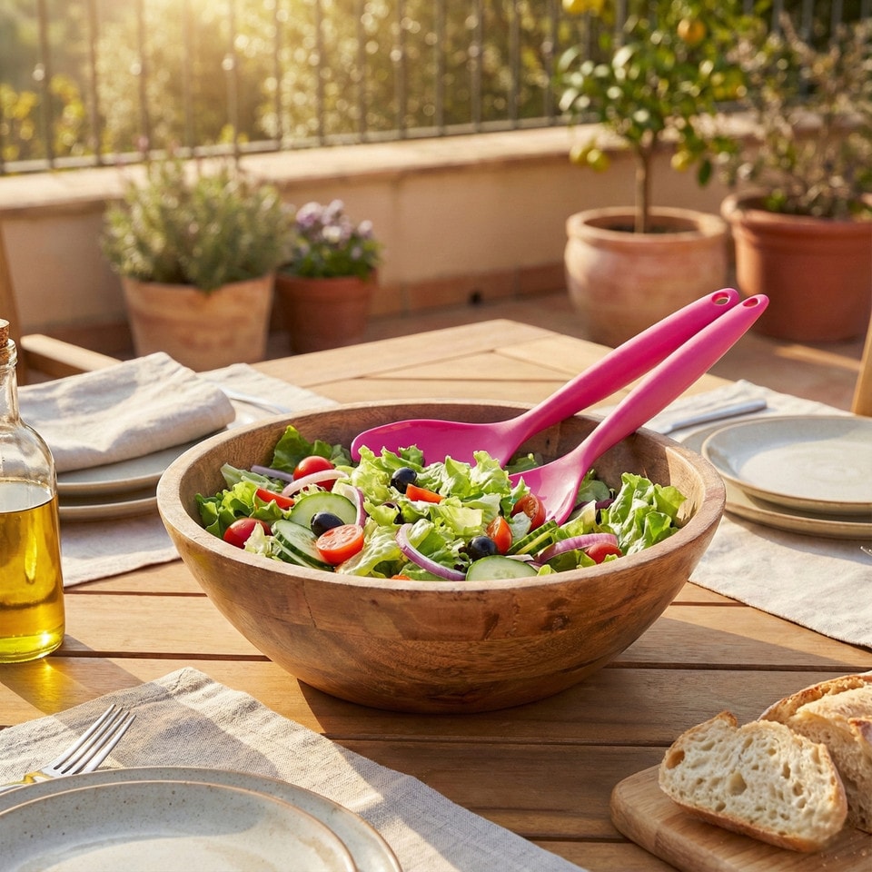 image 1 of 2 Pcs Salad Food Servers Set Mixing Dinner Party Colourful Plastic Fork & Spoon | Multi | Fuschia | 2