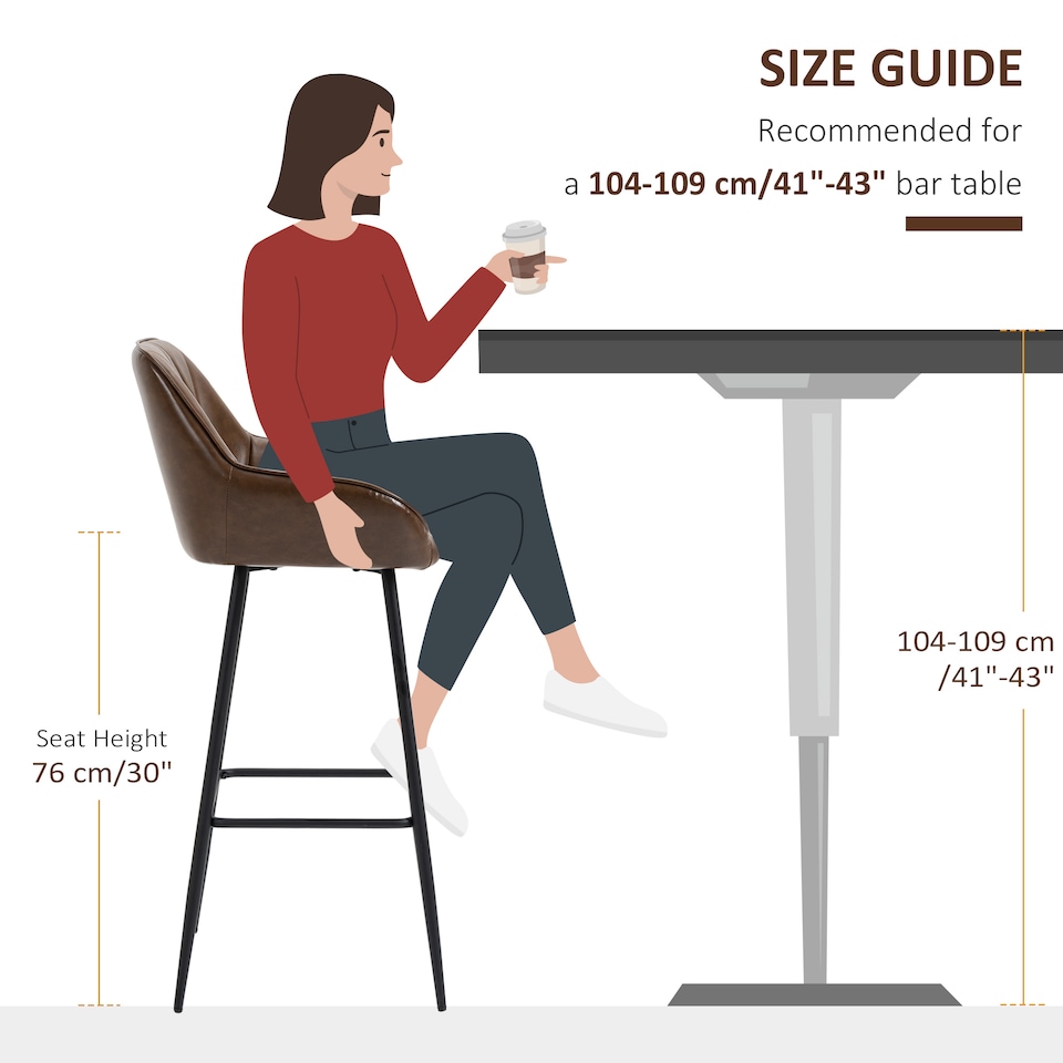 image 1 of HOMCOM Retro Bar Stools Set of 2, Breakfast Bar Chairs with Footrest, Kitchen Stools with Backs and Steel Legs, for Dining Area and Home Bar, Brown