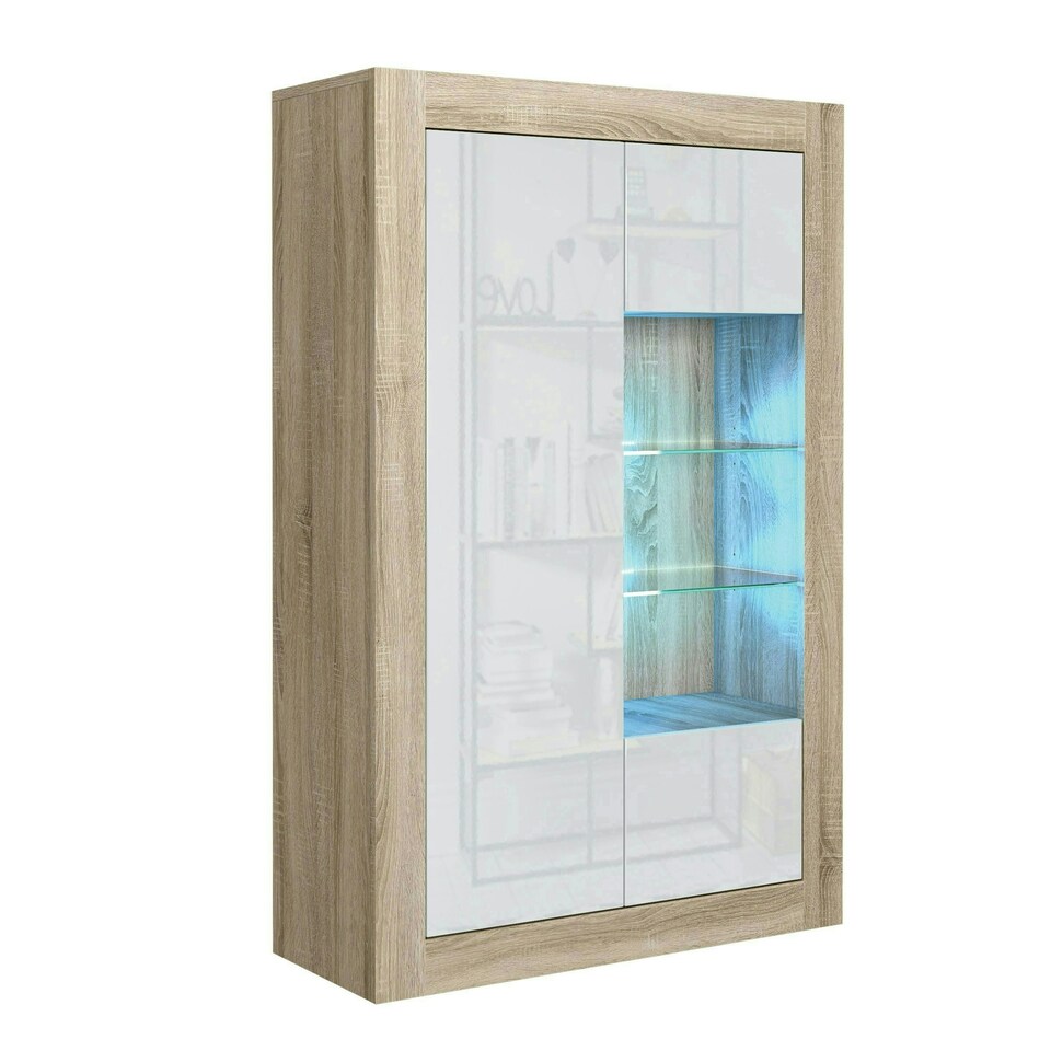 image 1 of Display Cabinet 93cm White Gloss Doors Oak Matt Body Free LED Multi | Oak & White