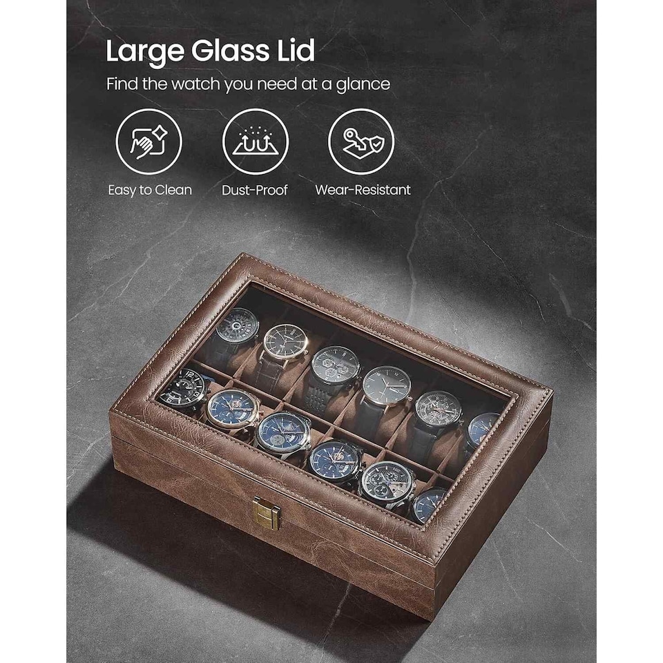 image 1 of 12 Slot Watch Storage Box with Glass Lid, Display Case with Removable Watch Pillows, Coffee Brown Synthetic Leather