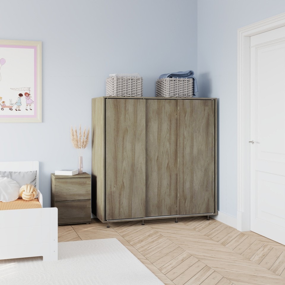 image 1 of 120cm 3 Sliding Doors Children Kids Wardrobe Bedroom Storage Closet Hanging Rail | Multi | Oak | 1