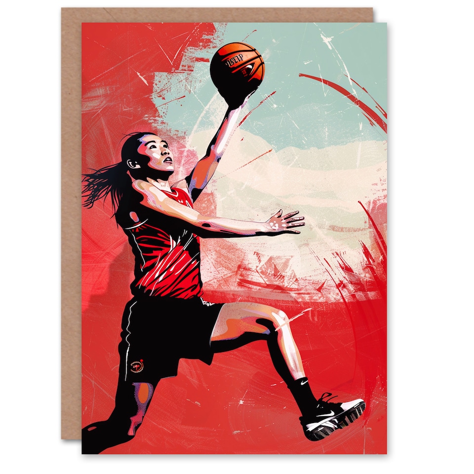 image 1 of Sport Basketball Women Player Jump Bold Red Birthday Card