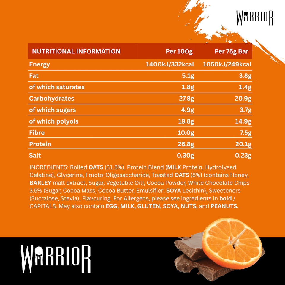 image 1 of Warrior RAW Protein Bars 12 x 75g – 20g High Protein Bar, Low Sugar High Fibre Oat Protein Flapjack – Protein Snacks, Meal Replacement Bars (Chocolate Orange)