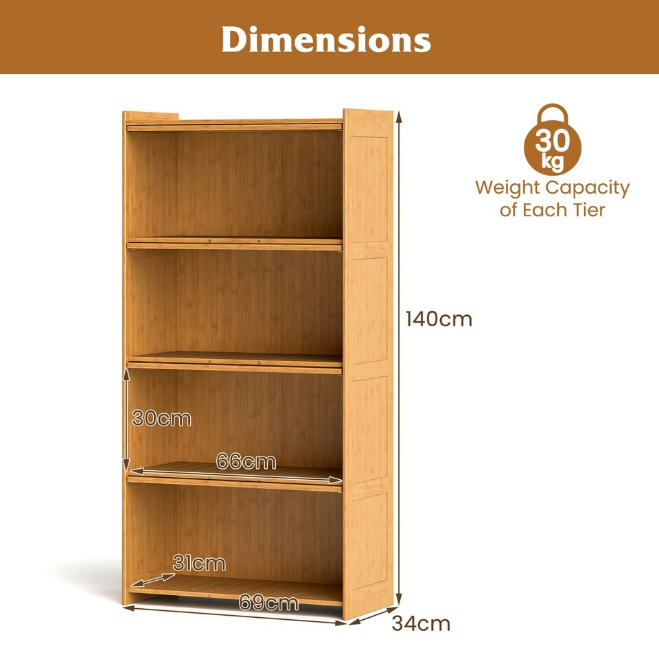 image 1 of COSTWAY 4-Tier Bookcase Bamboo Bookshelf with Doors Natural Brown