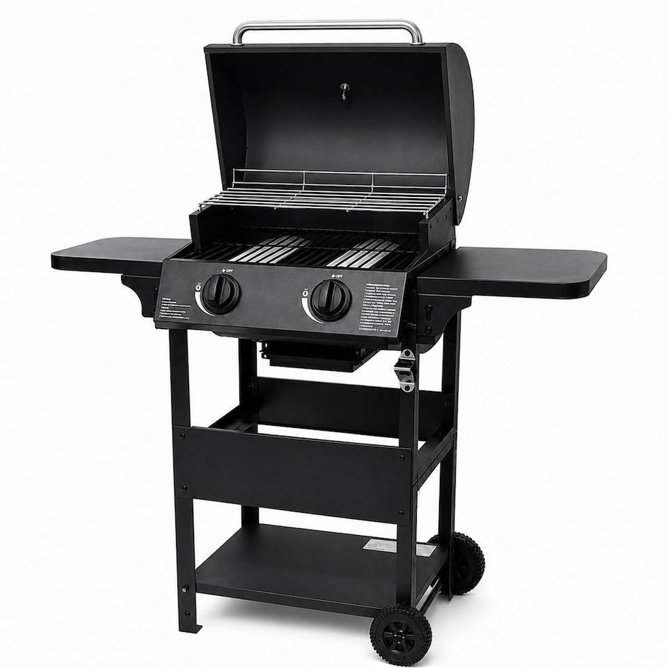 image 1 of Outdoor 2 Burner Steel Gas BBQ Grill Side Shelves Rack Bottle Opener & Regulator Kit
