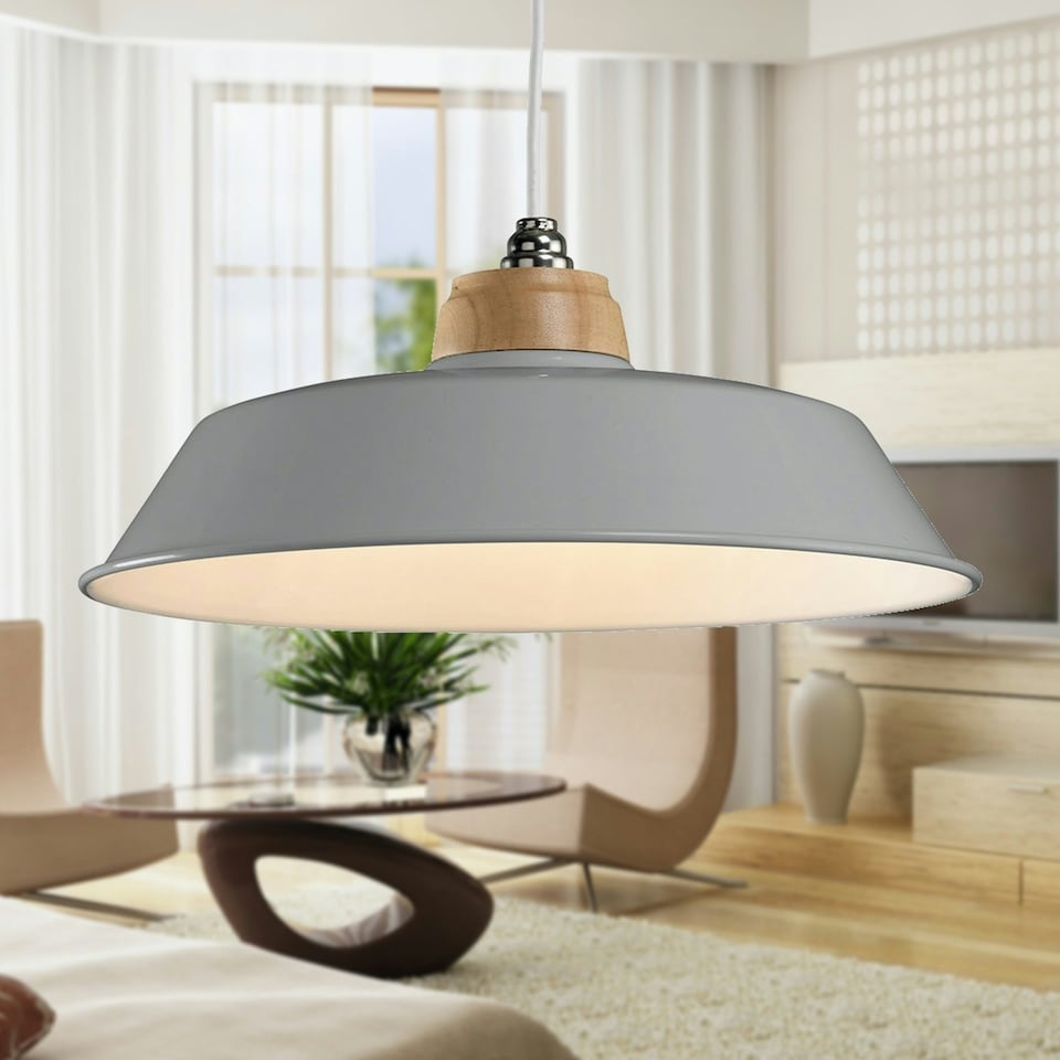 image 1 of Set of 2 Jakob - Grey Metal and Wood Easy Fit Pendant Shades Grey | Brown