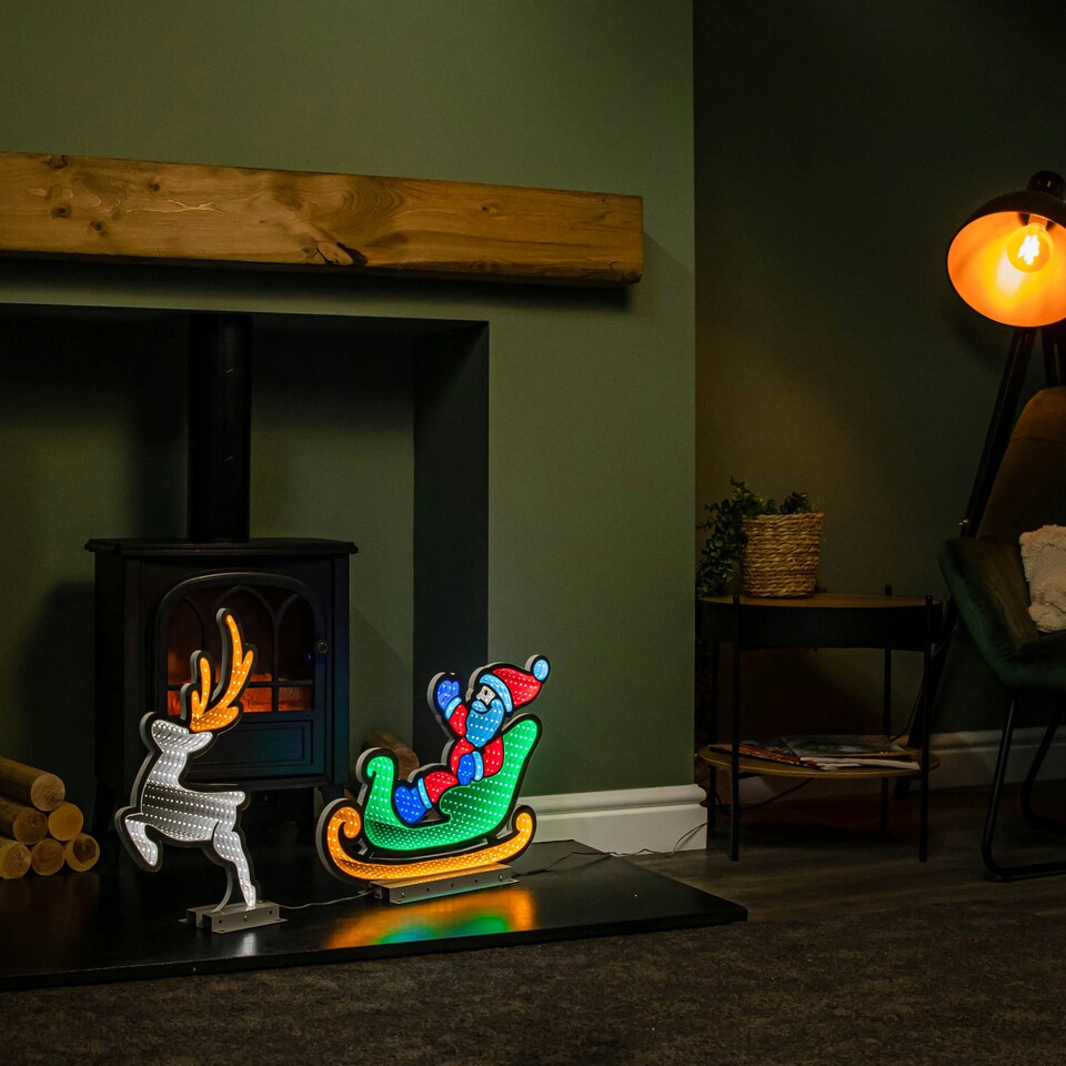 image 1 of 75cm Infinity Santa in Sleigh with Reindeer on Metal Base and Multi-Coloured LEDs
