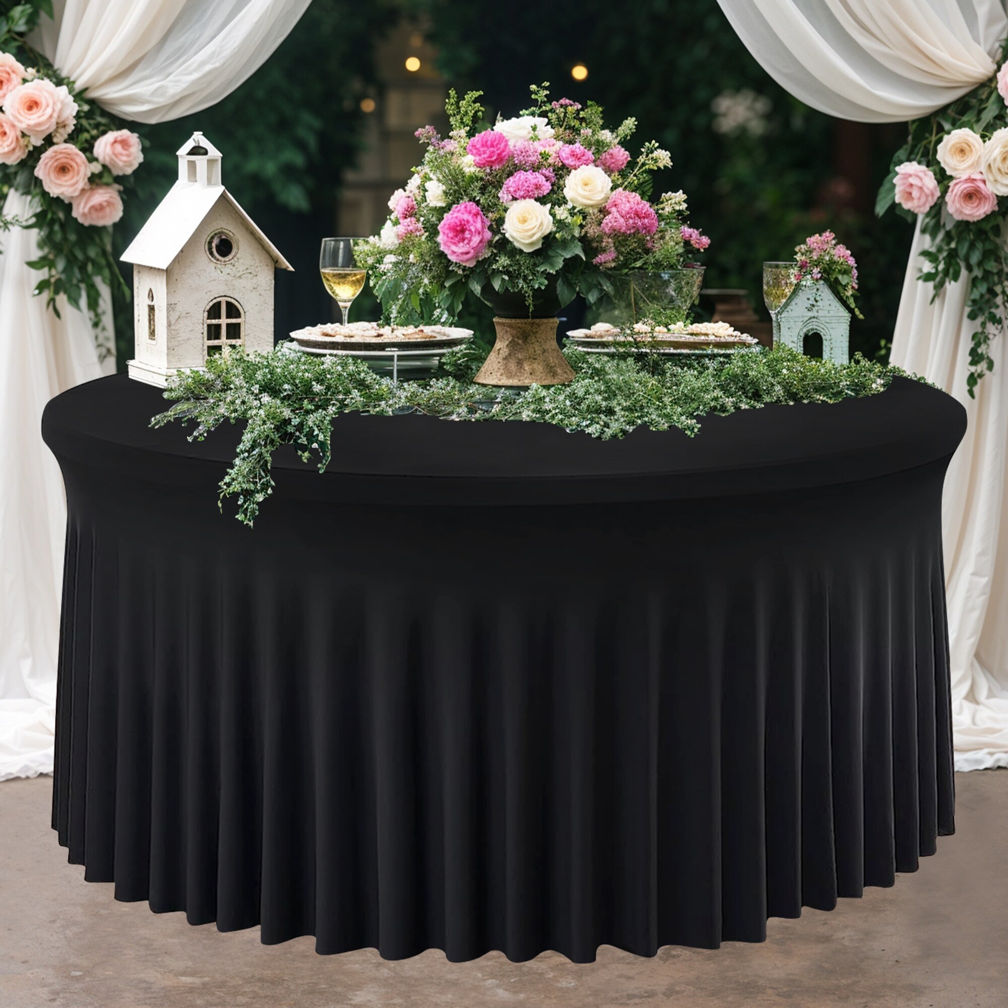 Neel Blue 5ft Fitted Round Spandex Table Skirts, Ruffled Tablecloth in Black