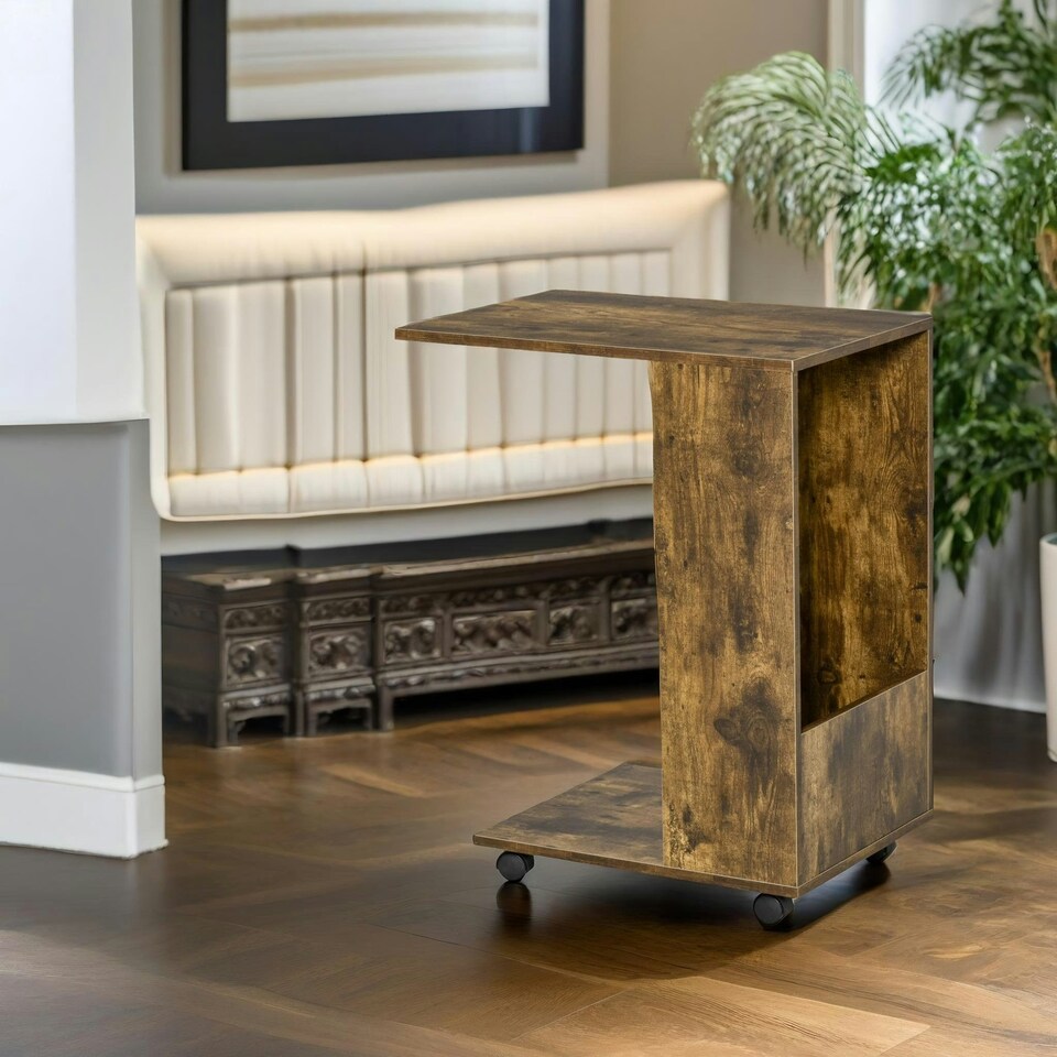 image 1 of Industrial Brown C Shaped Side Table With Storage & Wheels Brown