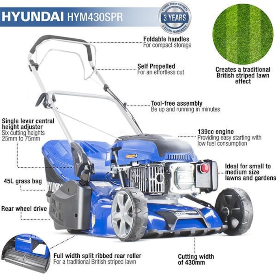 image 1 of Hyundai 17"/43cm 139cc Self-Propelled Petrol Roller Lawnmower | HYM430SPR