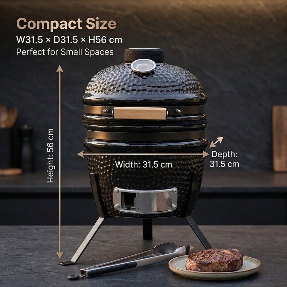 image 1 of Alivio Ceramic Kamado Charcoal BBQ Grill & Smoker with Thermometer, Egg Style Outdoor Barbecue for Grilling, Smoking & Roasting 13"