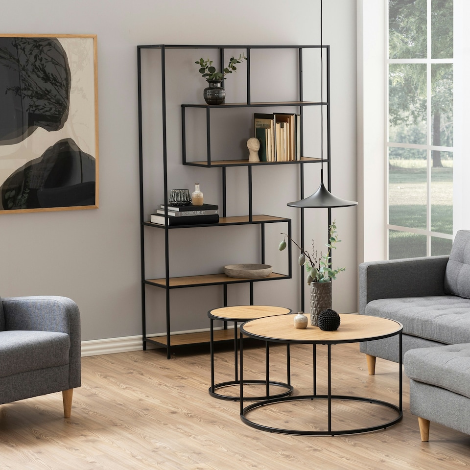 image 1 of Seaford Black Metal Large Asymmetrical Bookcase with 5 Oak Shelves