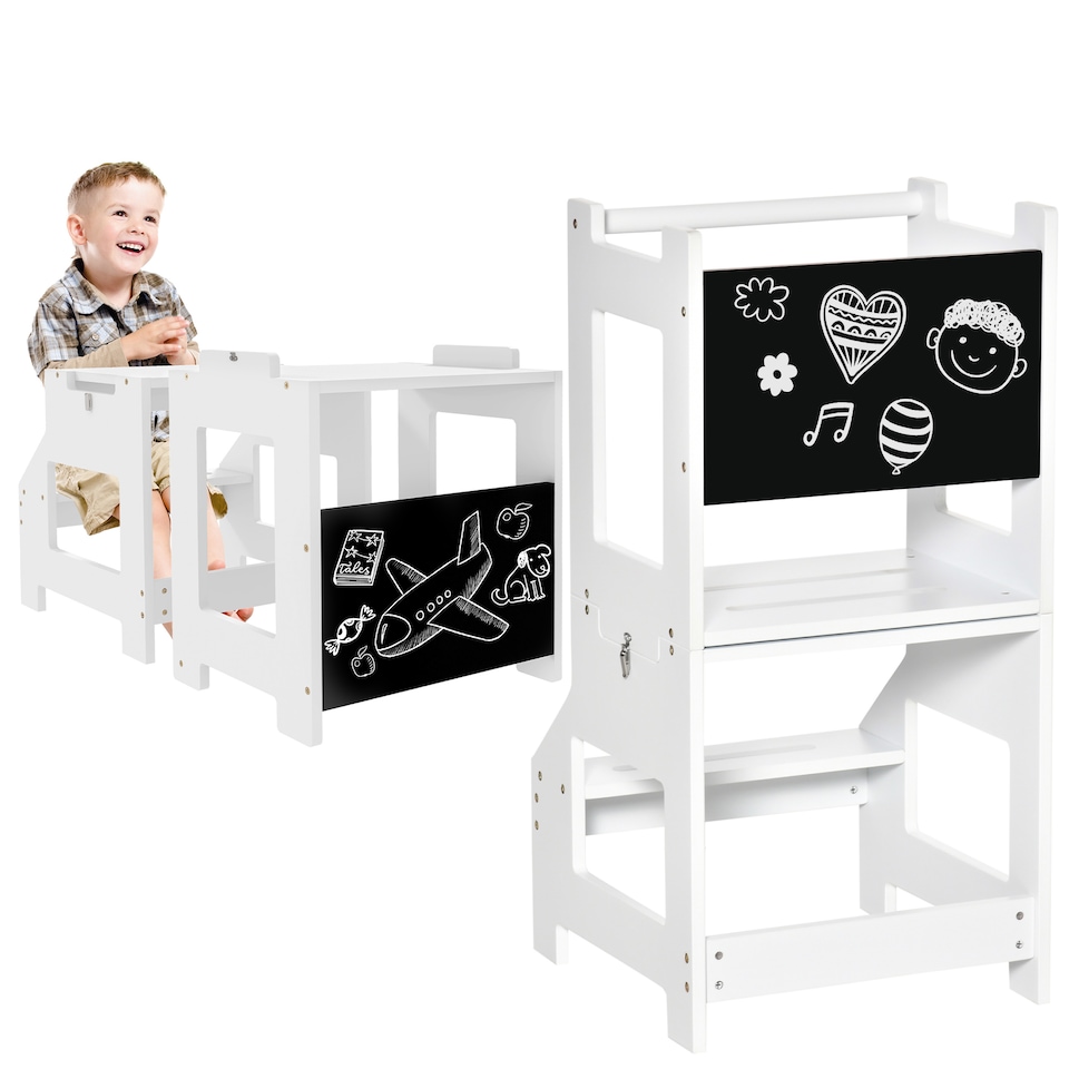 image 1 of HOMCOM 2 in 1 Kids Kitchen Step Stool Helper with Safety Rail | White