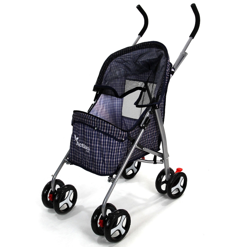image 1 of Pet Stroller Dog Cat Puppy Pram Pushchair Travel Cart Jogging Buggy Carrier (Blue Tartan)