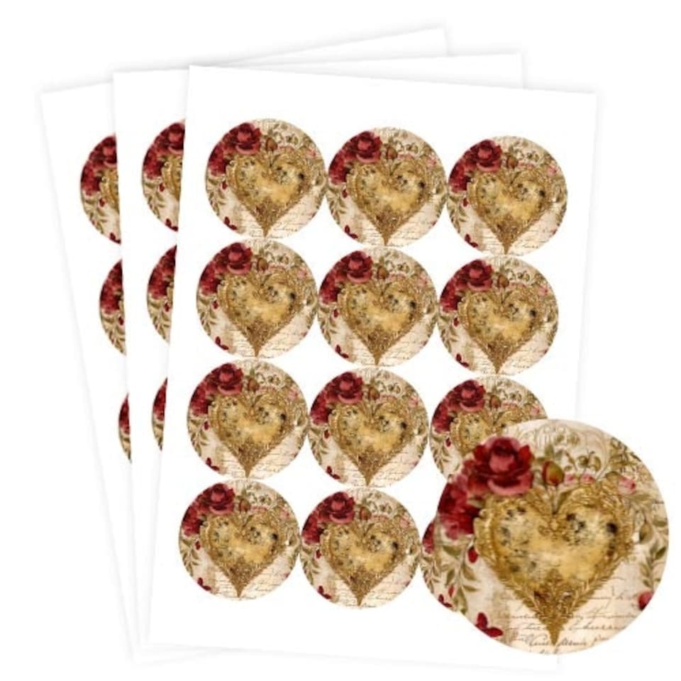 image 1 of Vintage Gold Heart Round Stickers 60mm - Sheet of 12