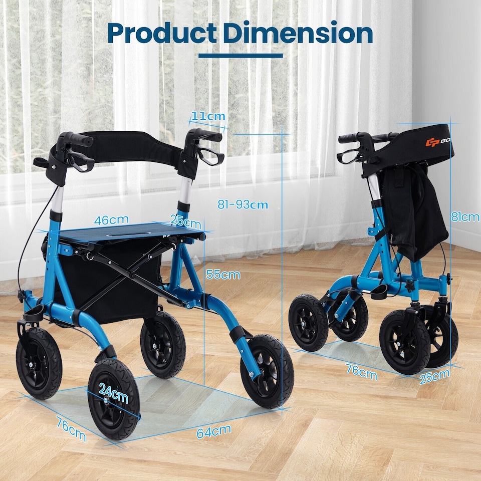 image 1 of COSTWAY Height Adjustable Foldable Rolling Walker with Seat Blue | Blue