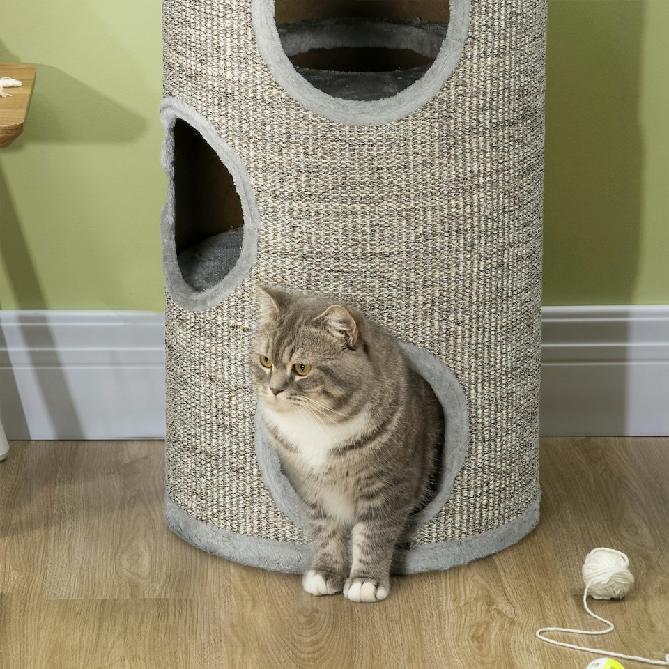 image 1 of PawHut Cat Barrel Tree Tower with Sisal, Cosy Platform, Light Grey