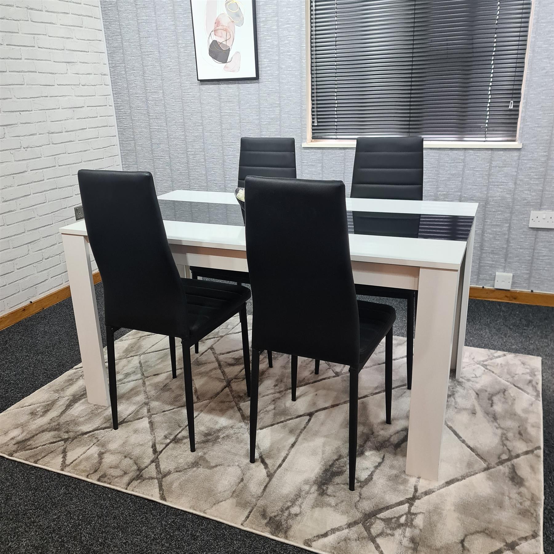 White Black Dining Table with 4 Black Faux Leather Chairs Dining Set