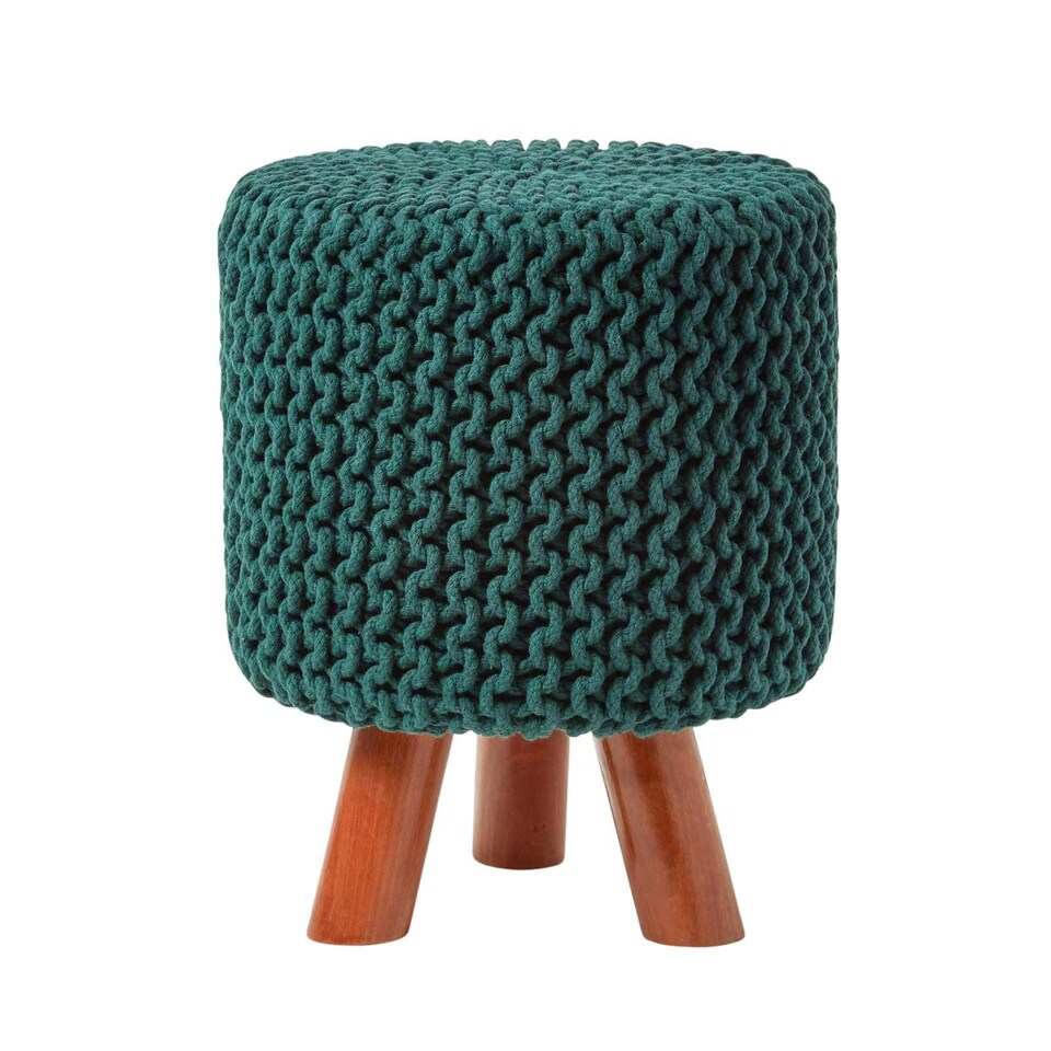 image 1 of Homescapes Forest Green Tall Cotton Knitted Footstool on Legs