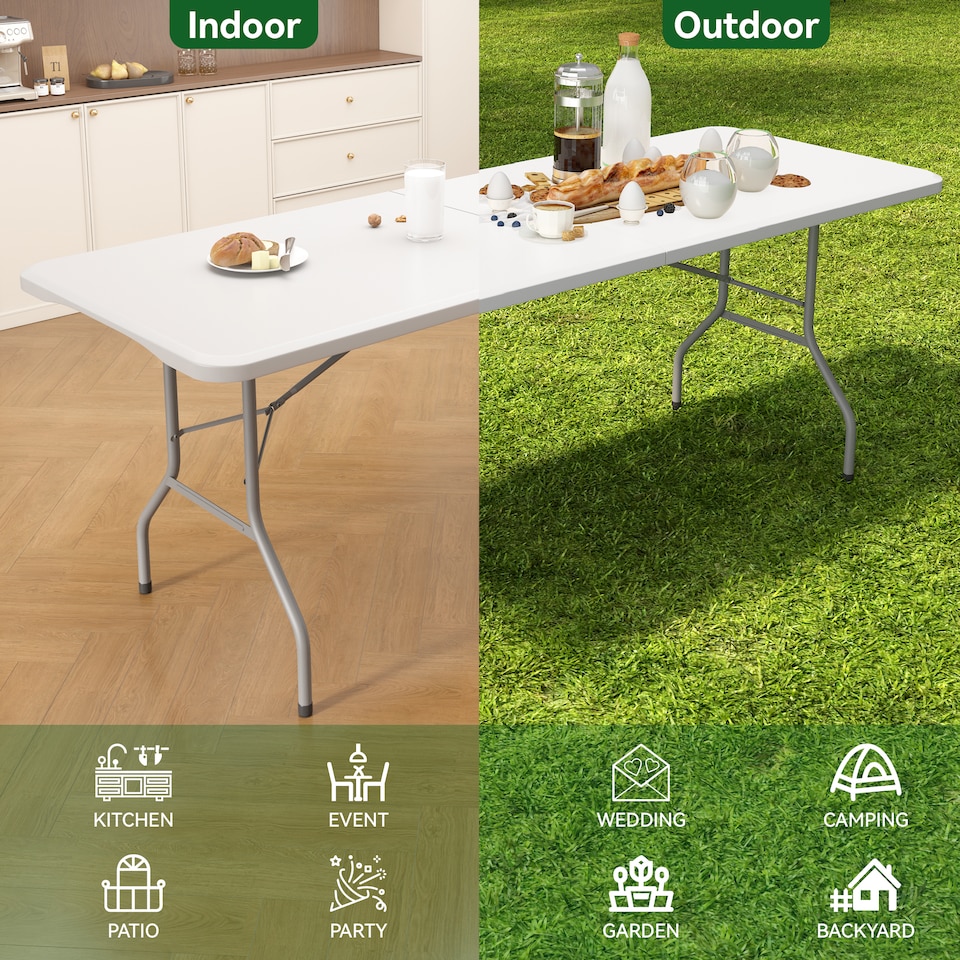image 1 of 6ft Folding Table heavy duty Outdoor and Indoor use Garden Camping Event Table  White | White | White