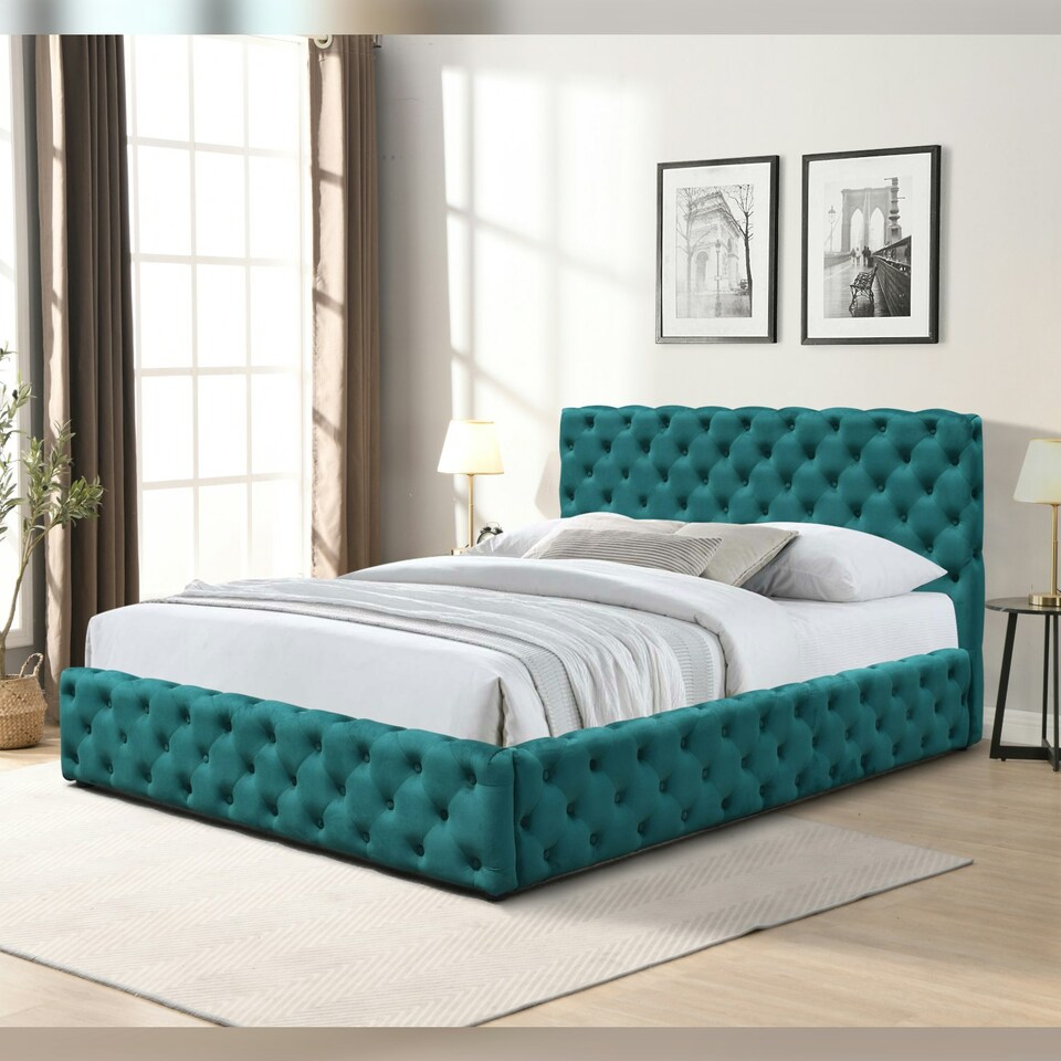 image 1 of 3ft Single Tufted Fabric Gas Lift Ottoman Bed Frame In Green