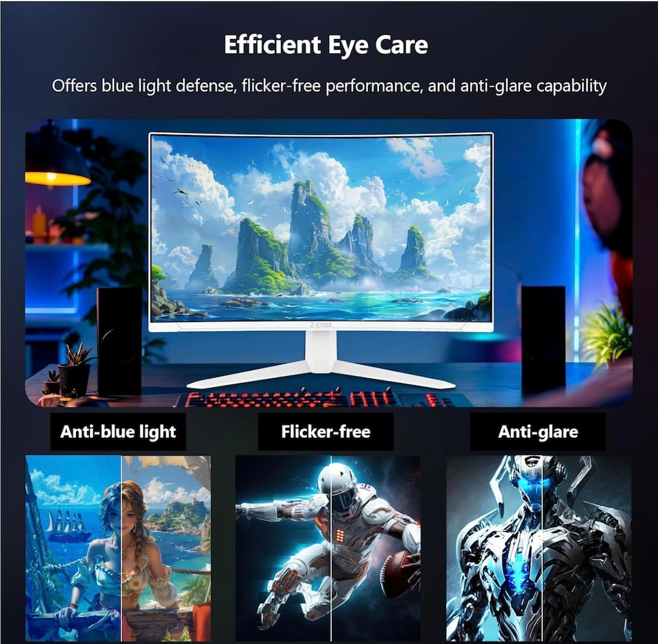 image 1 of Z-Edge 27 Inch 300Hz 240Hz Curved Gaming Monitor 1ms VA 1500R HDMI DP White | PC Monitor Full HD 1920x1080 16:9, 4000:1 Contrast, 130% sRGB, 300cd/m² Brightness, FreeSync, Crosshair, VESA Mountable