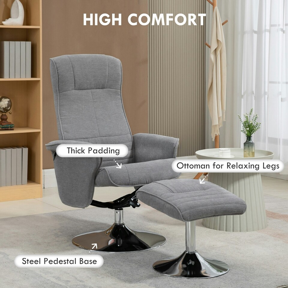 image 1 of HOMCOM Upholstered Swivel Recliner Armchair with Ottoman, Grey | Grey
