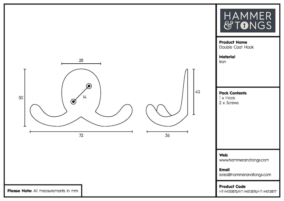 image 1 of Hammer & Tongs Double Coat Hook - W70mm x H50mm - Brass