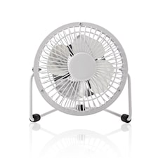 Nedis 10cm Mini USB Powered Tilting Desk Fan with Metal Shell and Aluminium Blades, 360° Rotation, On/Off Switch - White