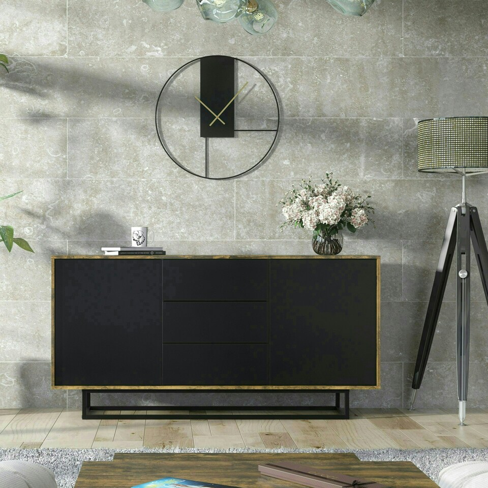 image 1 of Sideboard 140cm Industrial Oak with Black Fronts and Metal Base Multi