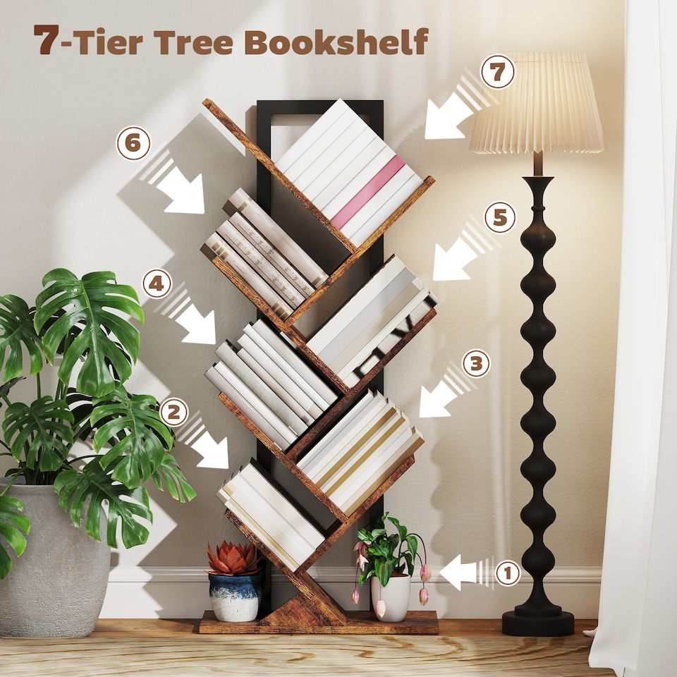 image 1 of HOMCOM 7-Tier Tree Bookshelf, Industrial Free Standing Bookcase with Steel Frame, Display Storage Unit for CDs, DVDs, Albums, Living Room, Bedroom, Home Office, Study, Rustic Brown | Brown