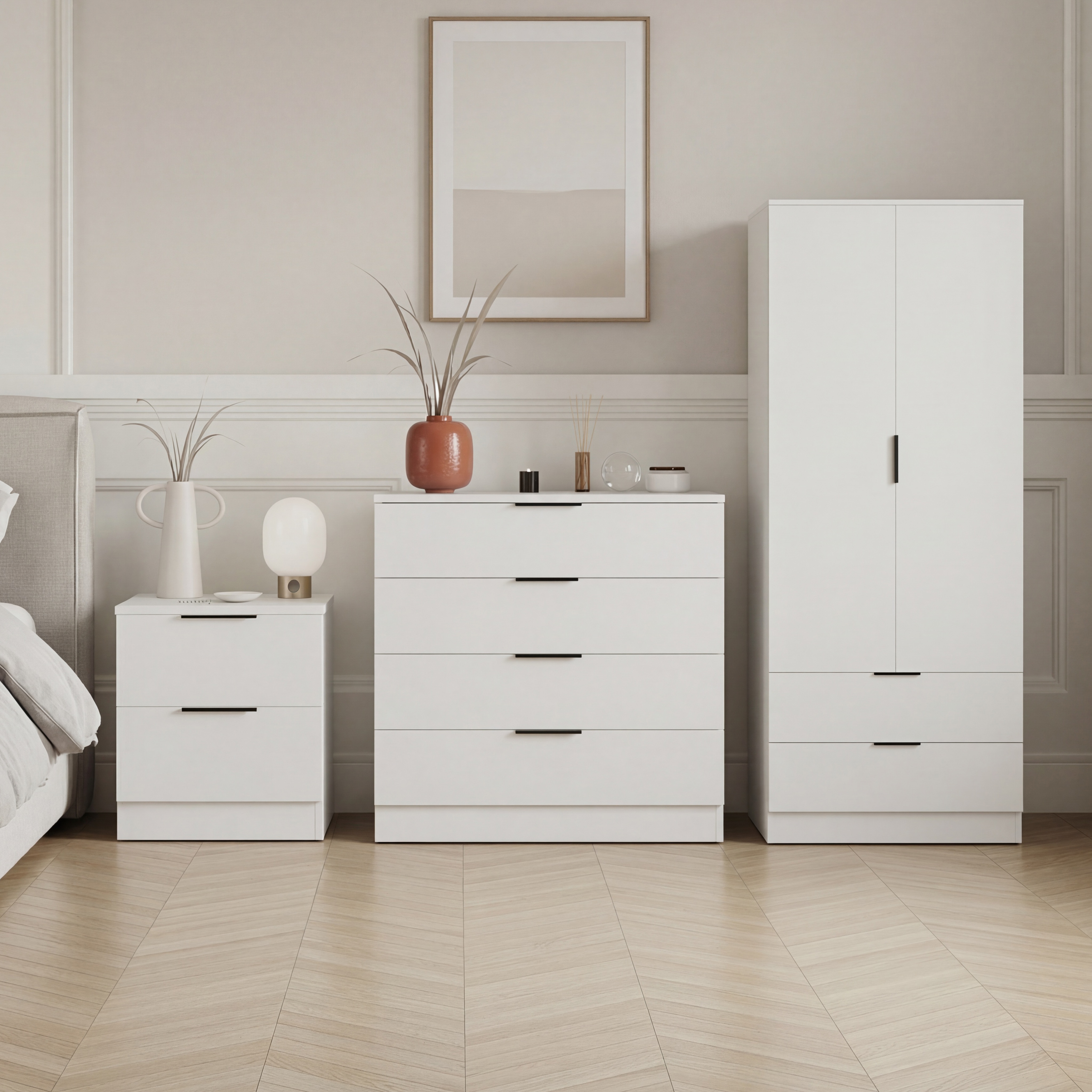 Vida Designs Trega 3 Piece Bedroom Set (2 Drawer Bedside Chest, 4 Drawer Chest, 2 Door 2 Drawer Wardrobe) White