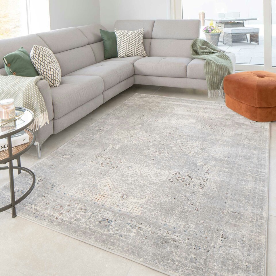 image 1 of KUKOON Silver Multicolour Distressed Bordered Medallion Area Rug 60cm x 110cm