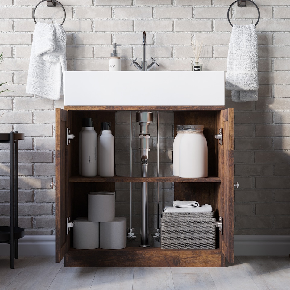 image 1 of 3 Piece Bathroom Furniture Set - Under Sink Cabinet, Mirror Cabinet & Toilet Paper Dispenser | Brown | 0 x 0 x 0 | 1