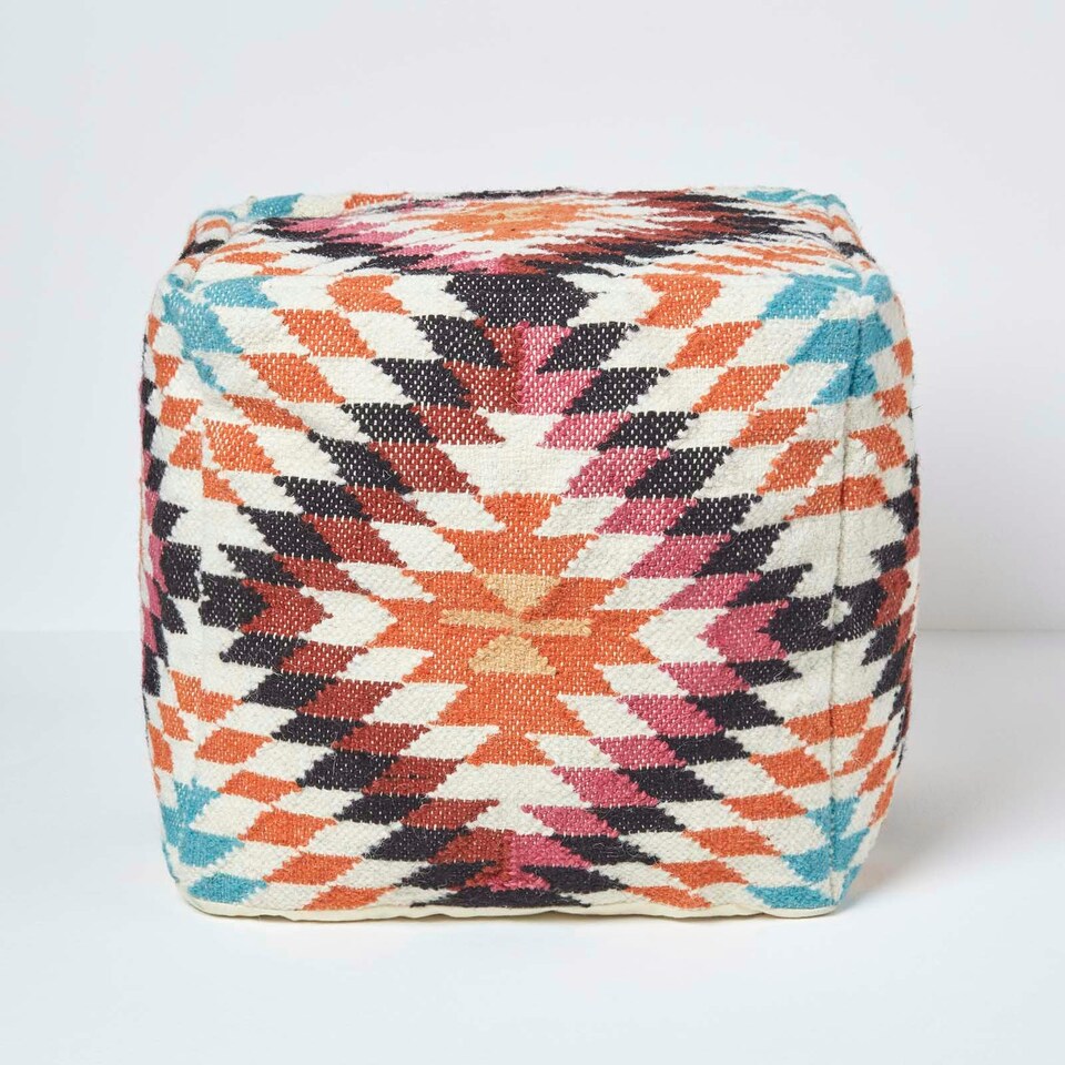 image 1 of Homescapes Manila Orange and Pink Kilim Footstool Handwoven Beanbag Pouffe - 43 x 43 cm