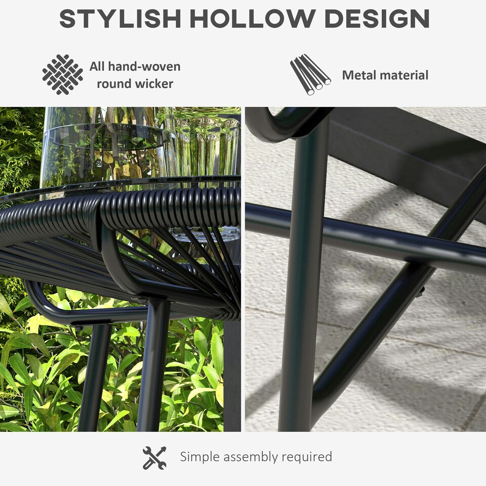 image 1 of Outsunny Rattan Side Table w/ Tempered Glass Tabletop, Black 