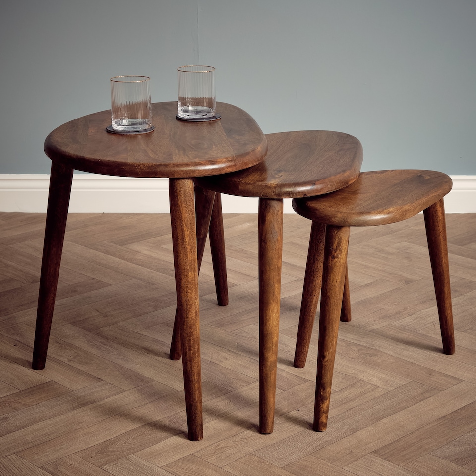 image 1 of 3 Piece Nesting Coffee Table Set – Solid Mango Wood Nest of Tables, Dark Oak Finish Wooden Side Tables for Living Room, Rustic Modern Sofa End Tables, No Veneer