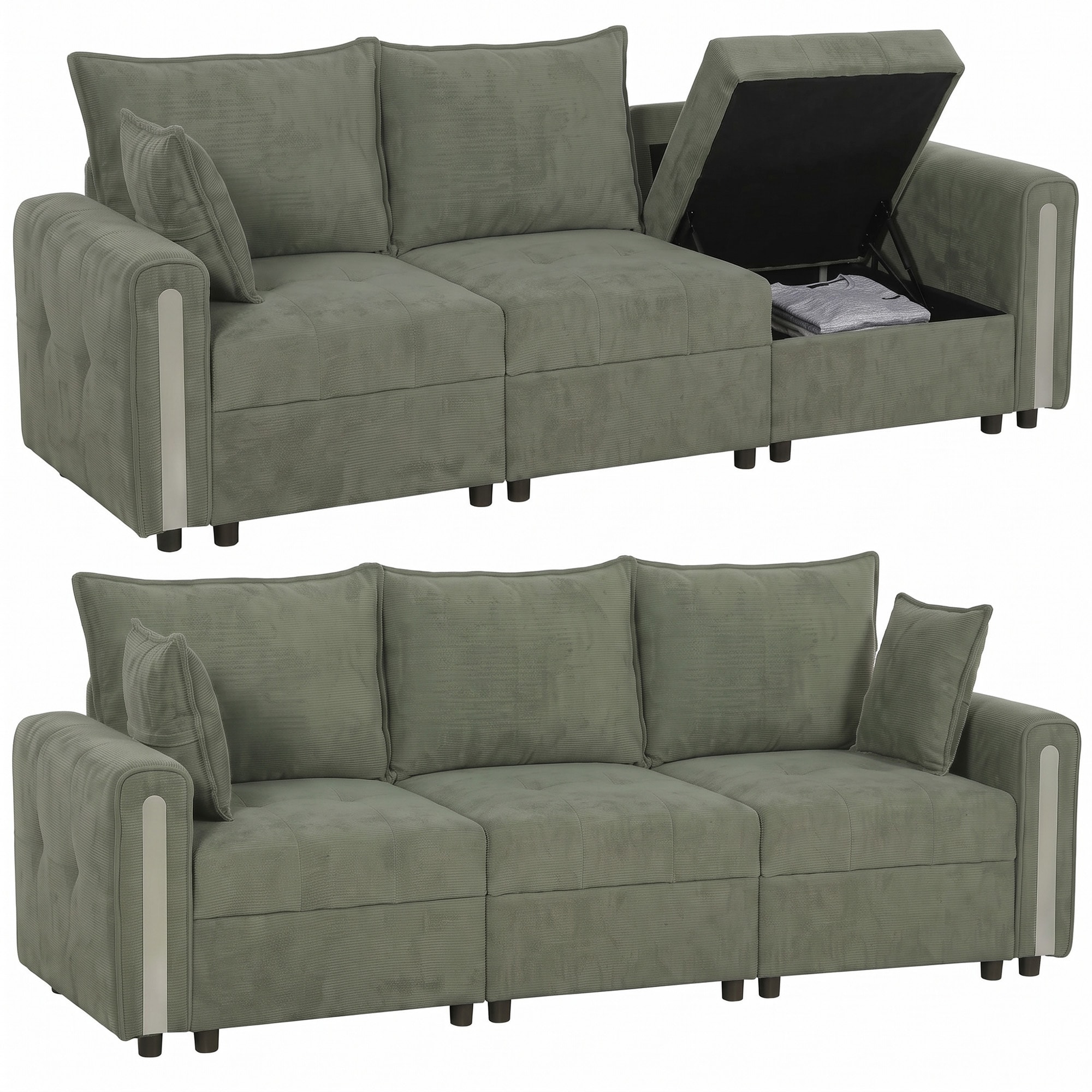 HOMCOM 3 Seater Sofa with Lift-Up Storage, 228 cm Velvet Couch, Dark Green, Green