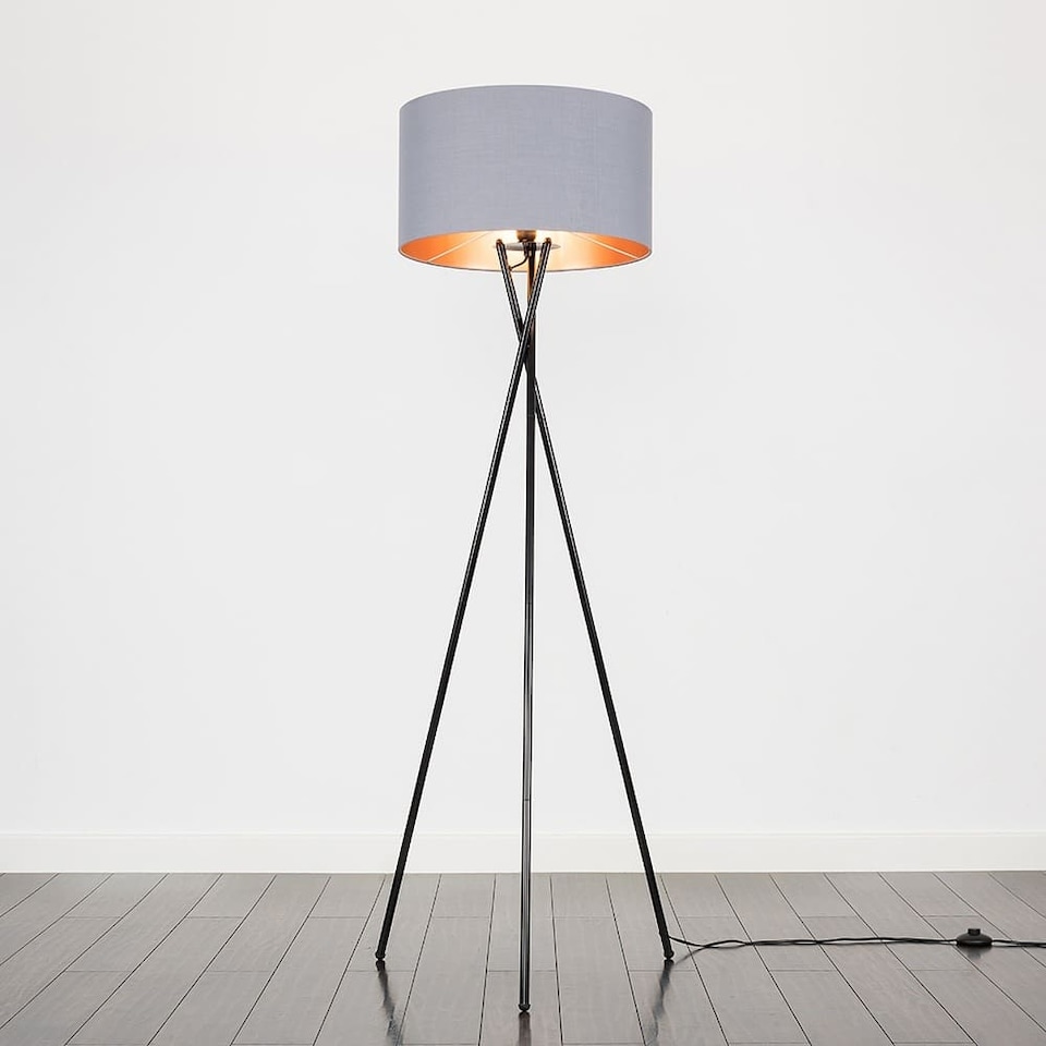 image 1 of ValueLights Camden Black Tripod Floor Lamp Grey & Copper Shade & Bulb | Copper