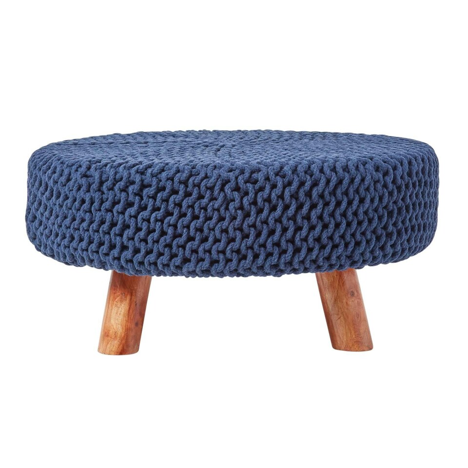image 1 of Homescapes Navy Blue Large Round Cotton Knitted Footstool on Legs