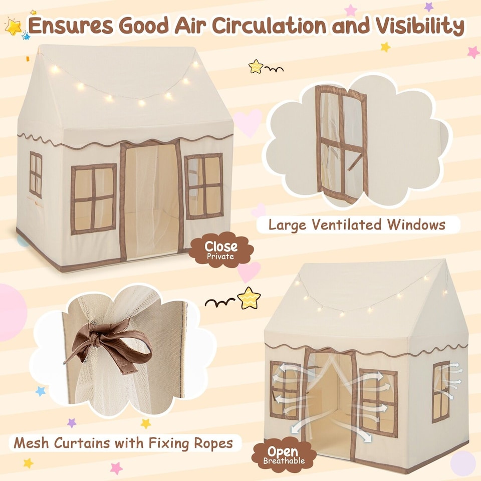 image 1 of COSTWAY Kids Play Tent Indoor Kids Playhouse with Star Lights Brown