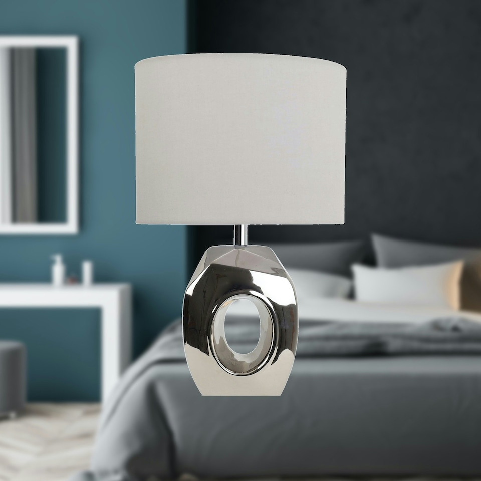 image 1 of Sculptured - Metallic Ceramic 38cm Table Lamp with Grey Fabric Shade Chrome | Grey